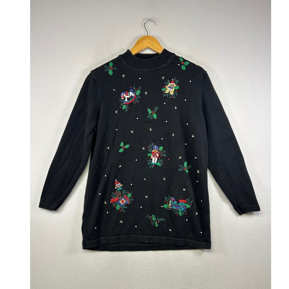 Grandma Core NutCracker Women Large Black Christmas Nutcracker Beaded Sweater